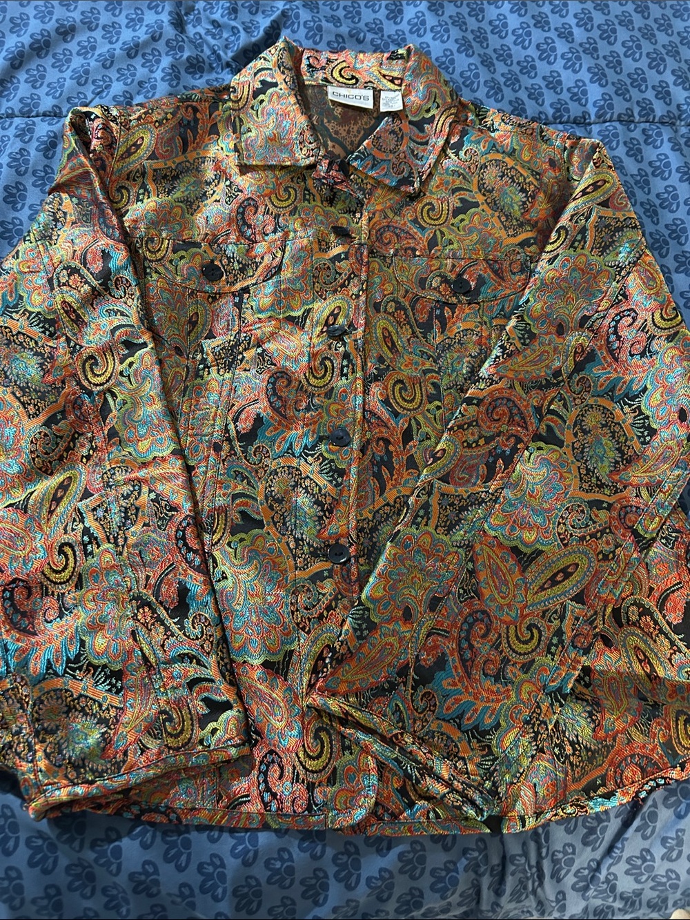 Chico's Multicolor Paisley Button-Down Shirt Jacket - Orange, Teal, Gold, Black.